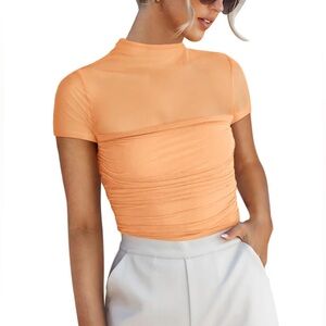 Orange Sheer Ruched‎ Top